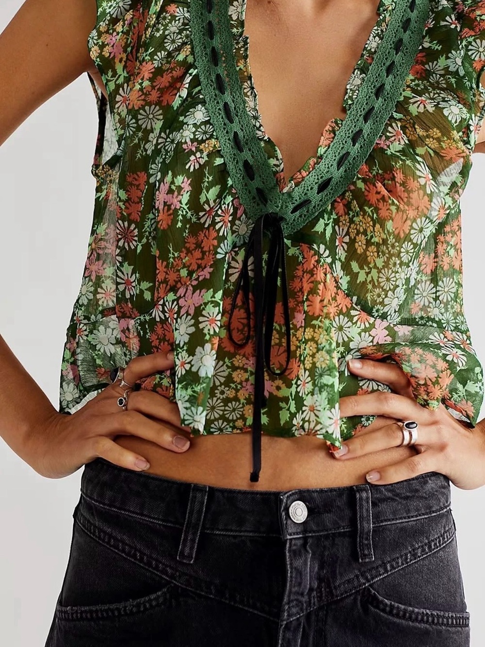 Free People Rylee Green Floral Sheer Tie-Front Crop Top